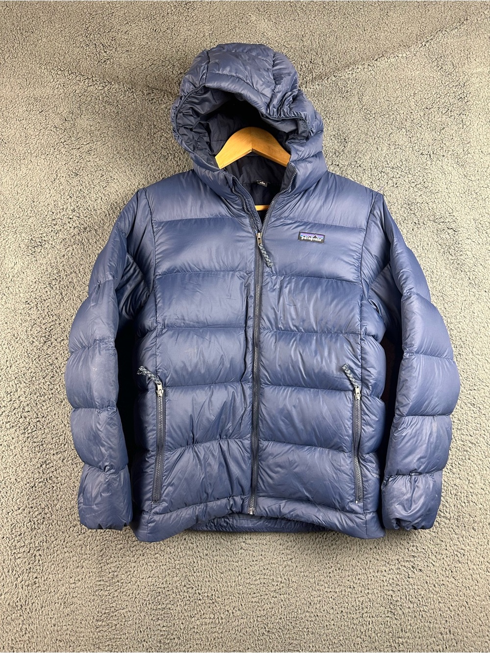 Patagonia Kids XL 14 Hi-Loft Down Hoody Navy Blue Puffer Jacket FLAW